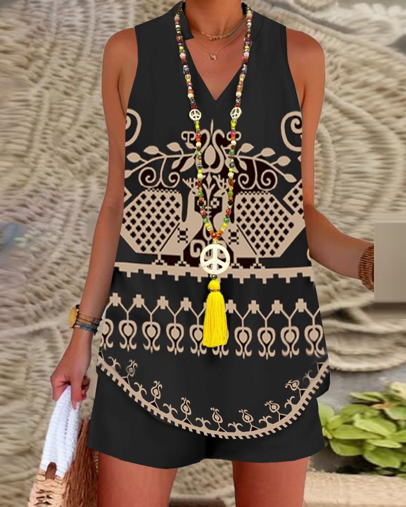 

Tribal Print Tank Top & Shorts Set, Black