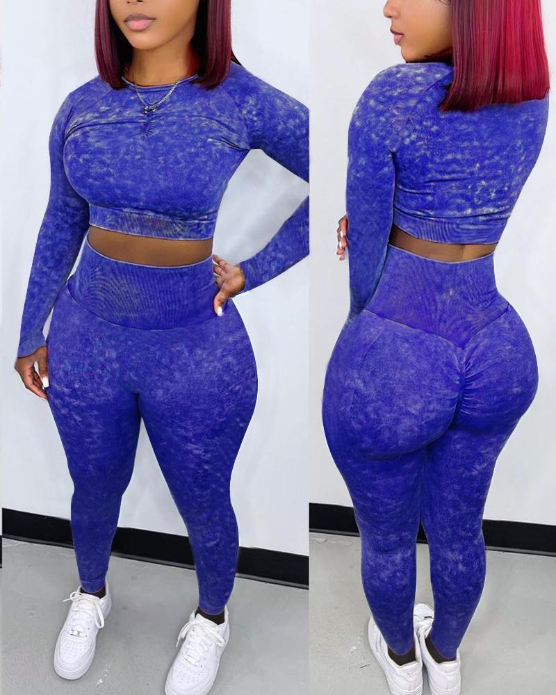 

Long Sleeve Crop Top & High Waist Ruched Pants Set, Blue