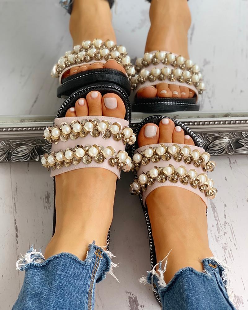 

Open Toe Beaded Design Flat Sandals, Apricot
