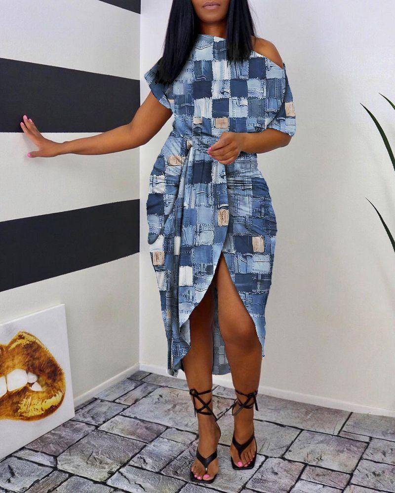 

Denim Look Print Ruched Slit Casual Dress, Blue