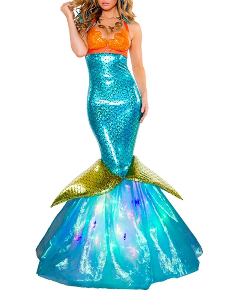 

Halloween Halter Colorblock Scale Pattern Cosplay Mermaid Costume, Blue