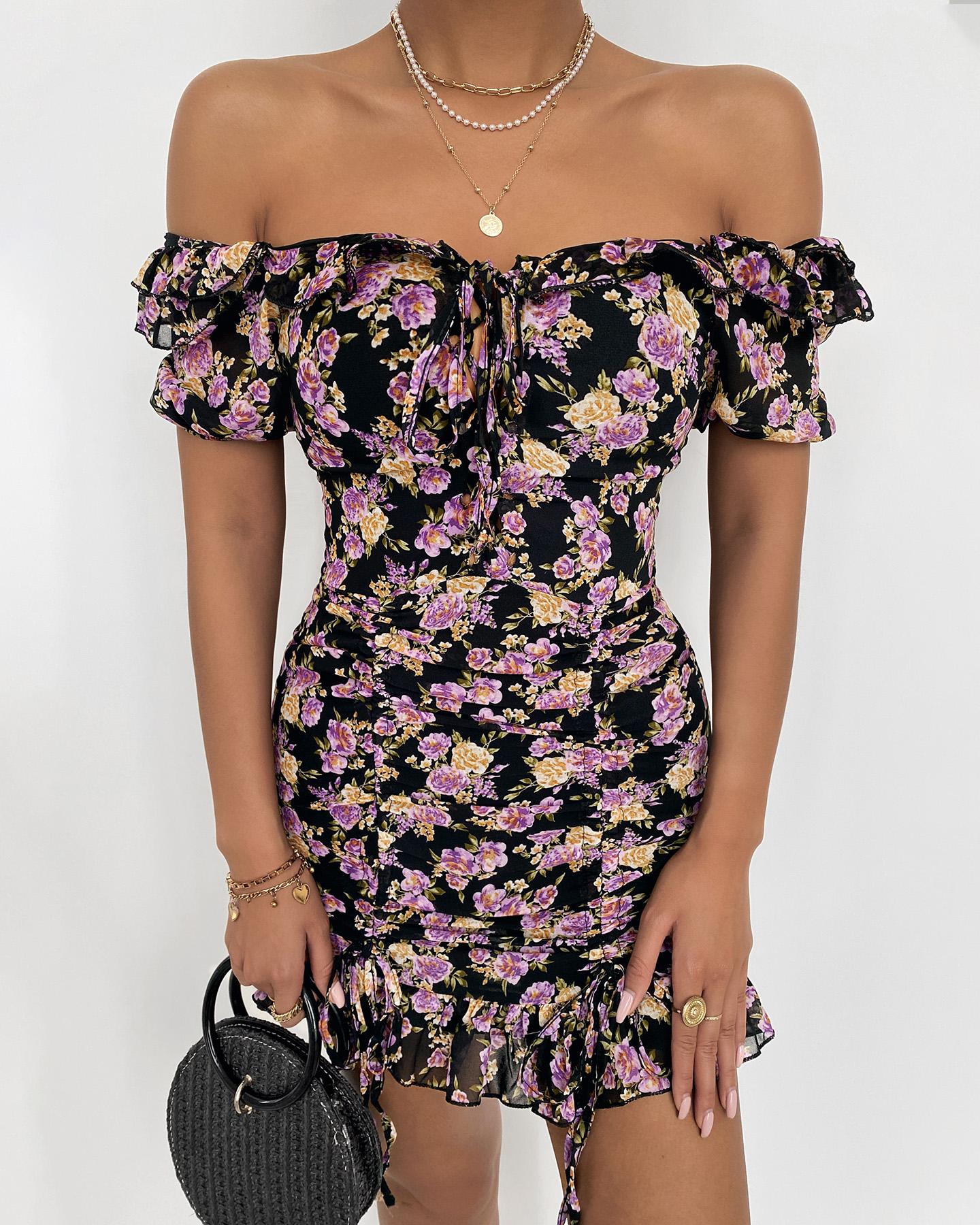 

Ruched Ruffles Floral Print Dress, Purple