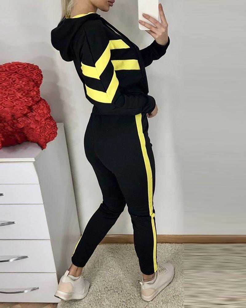 

Striped Tape Colorblock Hooded Top & Pants Set, Yellow