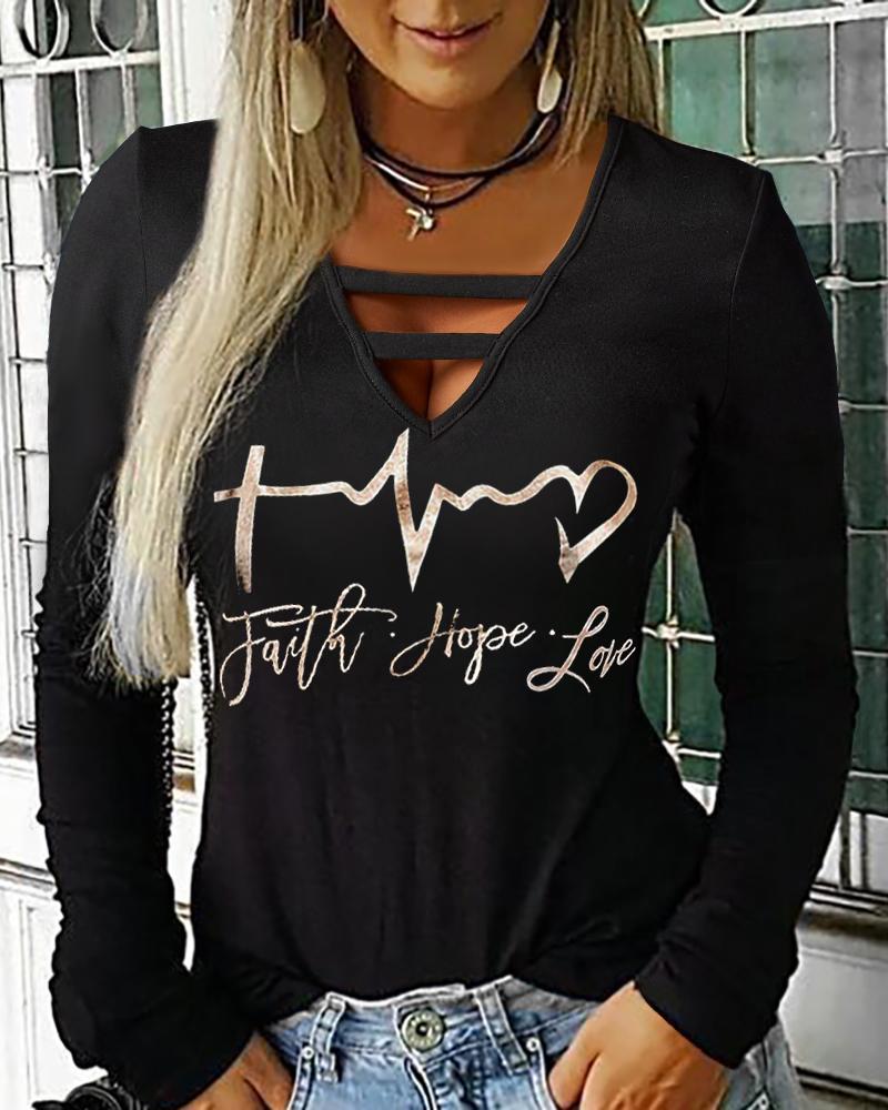 

Faith Hope Love Heart Print Long Sleeve Top, Black