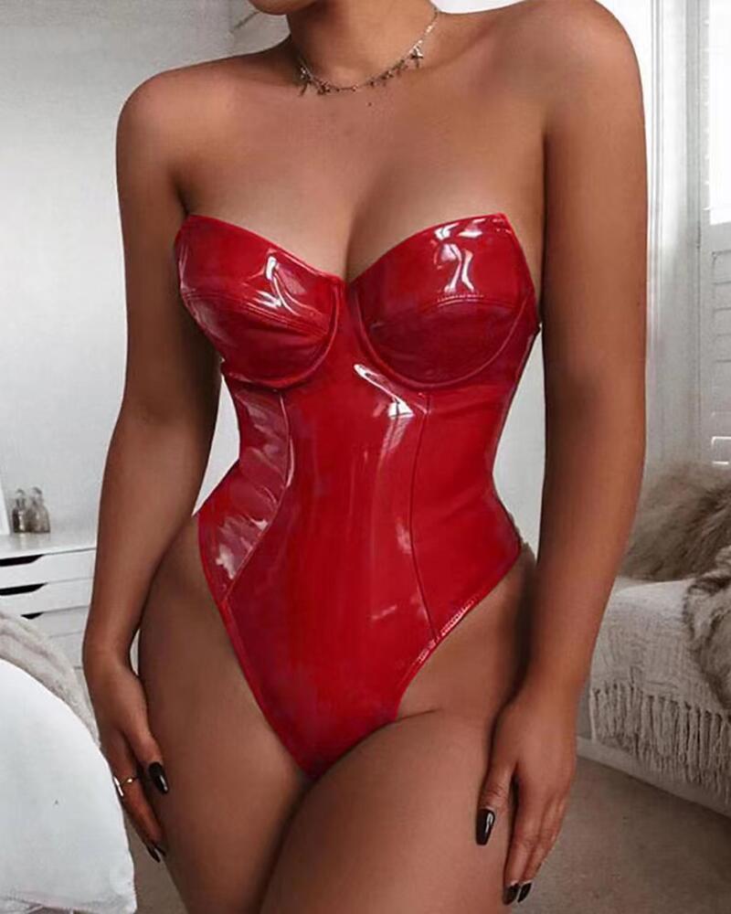 

PU Leather Bandeau Sleeveless Skinny Teddy, Red