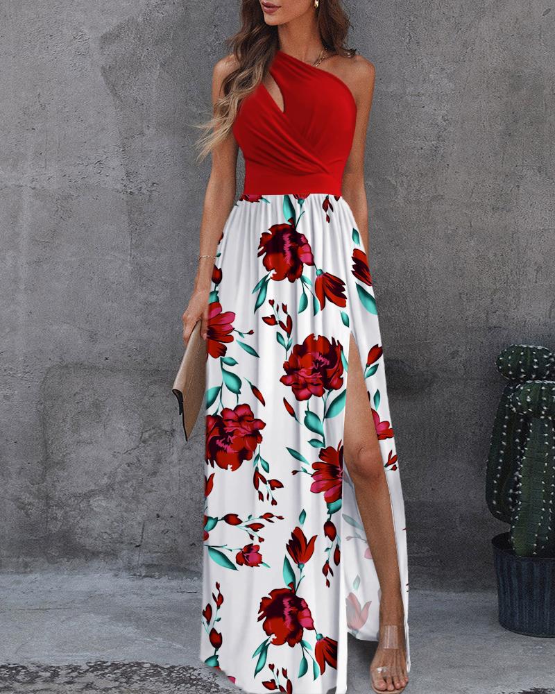 

One Shoulder Cutout Floral Print Colorblock Dress Elegant Sleveless Maxi Dress Party Dress, Red