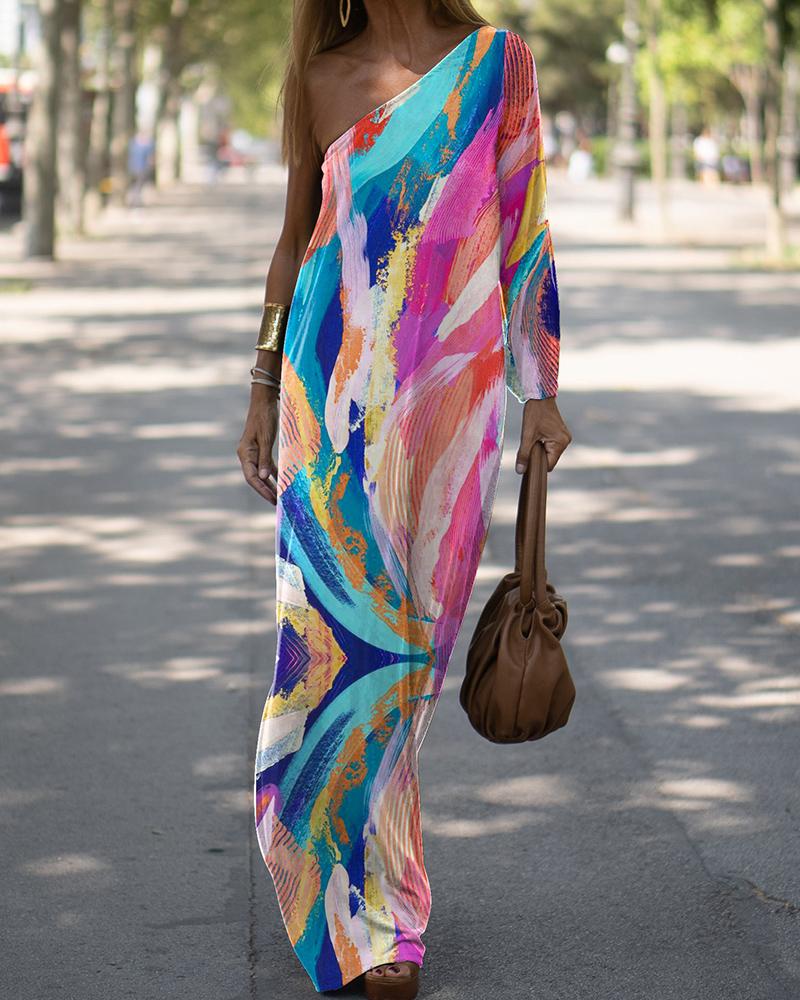 

Abstract Print One Shoulder Maxi Dress, Multicolor