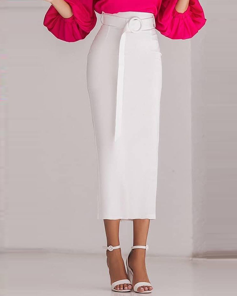 

Split Back Skirt With Belt, White