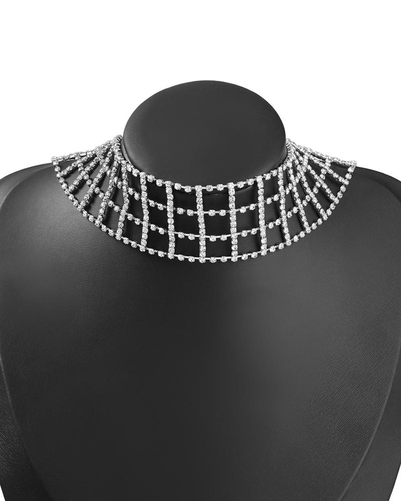 

1PCS Wide Band Rhinestone Cutout Design Choker Necklace, Silver