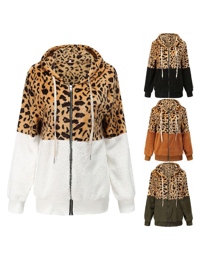 

Cheetah Print Colorblock Zip Front Hooded Teddy Coat, White