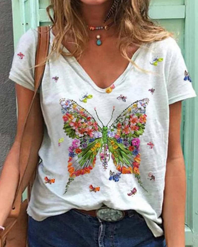 

Floral Butterfly Short Sleeve V-Neck Casual T-shirt, White