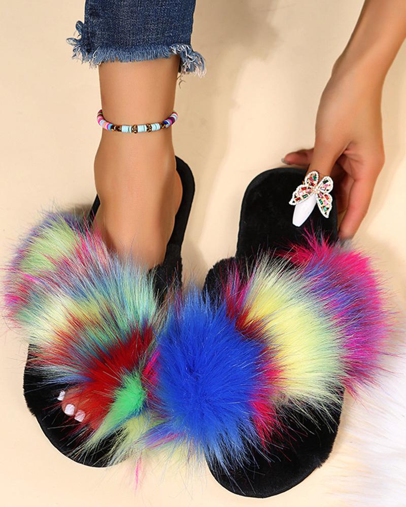 

Colorblock Fuzzy One Strap Slippers, Multicolor