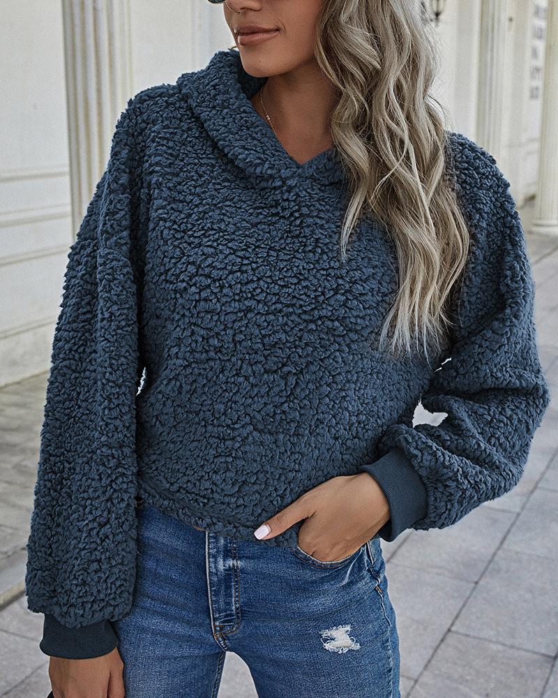 

Long Sleeve Plain Teddy Hooded Top, Blue
