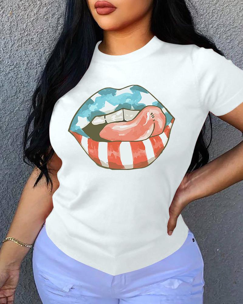 

Lip Flag Pattern Print Short Sleeve T-shirt, White
