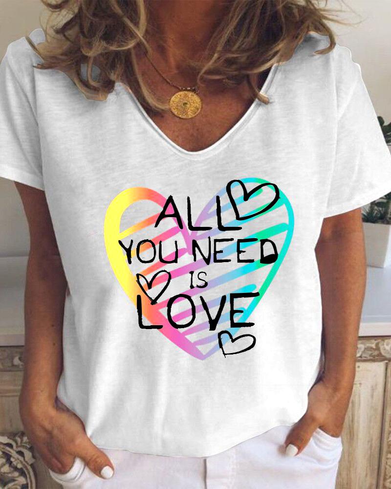 

Heart Letter Print V Neck Short Sleeve T-Shirt, White