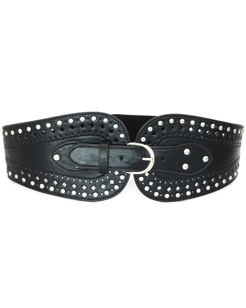 

1PCS Hollow Out Eyelet Buckled PU Leather Wide Belt, Black