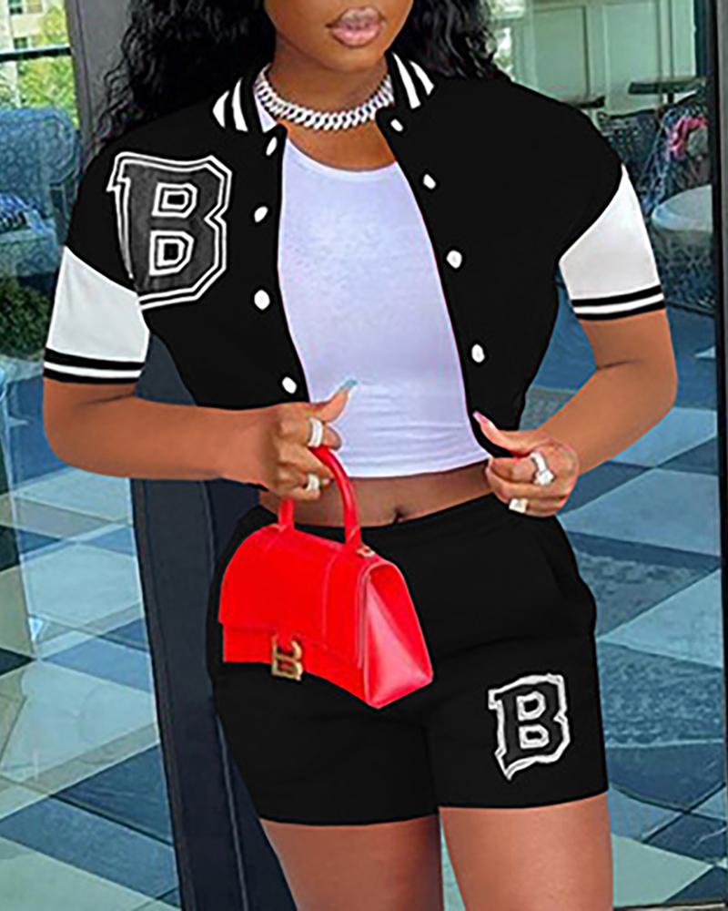 

Colorblock Letter Print Baseball Coat & High Waist Shorts Set, Black