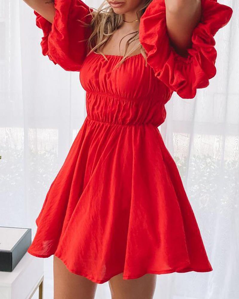 

Off Shoulder Plain Puff Sleeve Ruched Dress, Red