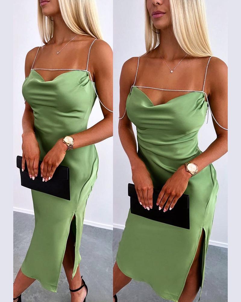 

Cowl Neck Chain Strap Slit Evening Dress, Green