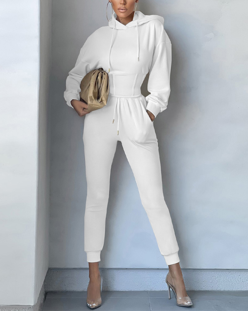 

Long Sleeve Corset Drawstring Hoodie & Pants Set, White