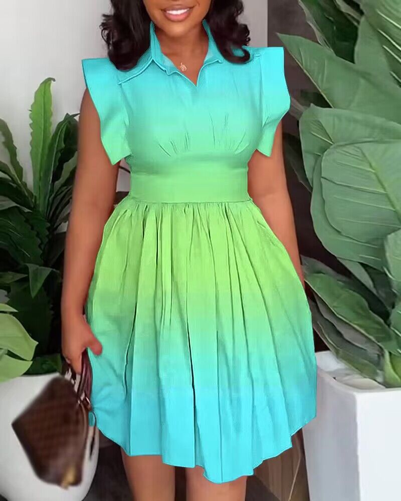

Ombre Flutter Sleeve Pleated Casual Dress, Green