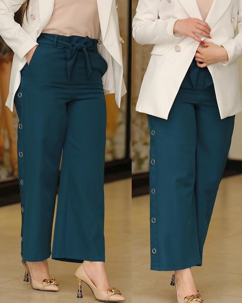 

Side Button Tied Detail Wide Leg Pants, Dark green