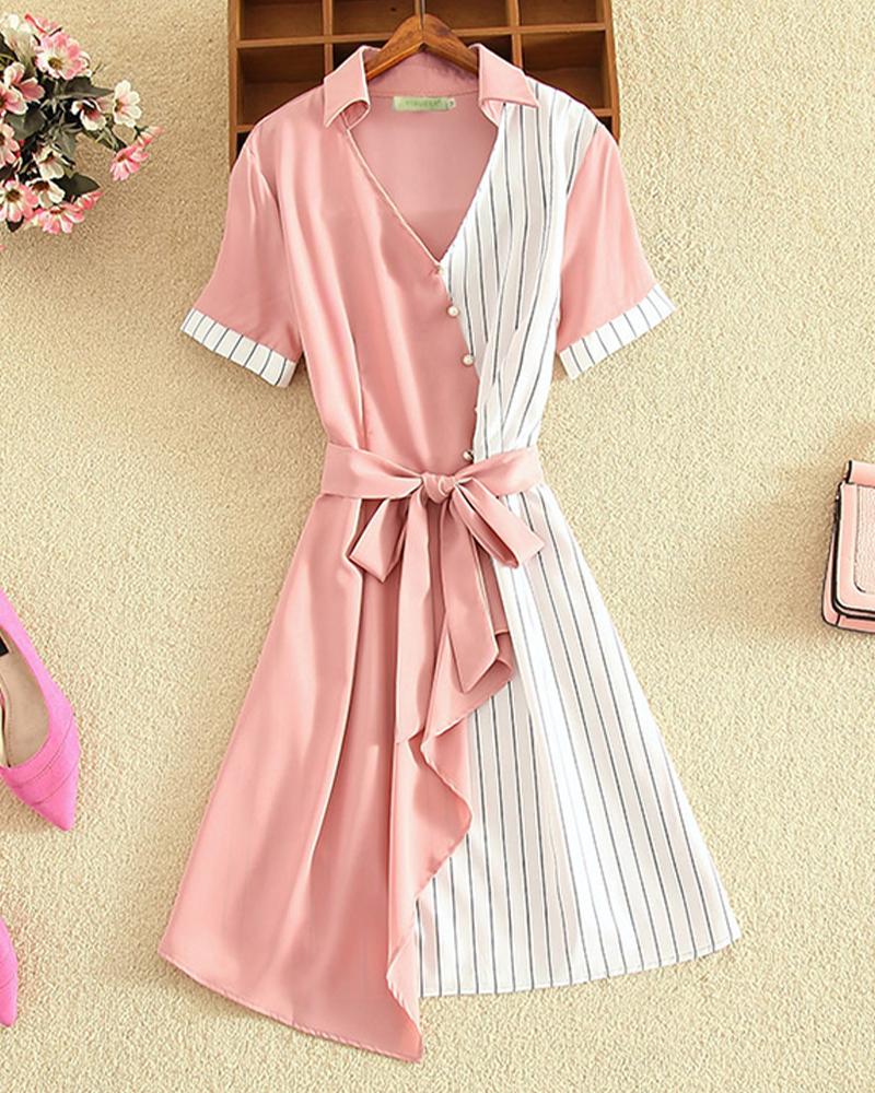 

Colorblock Striped Patchwork Short Sleeve Lace-up Waist Midi Dress, Pink