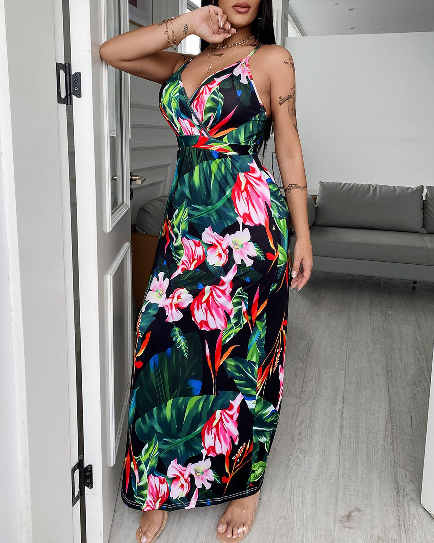 

Spaghetti Strap Print Maxi Dress, Green