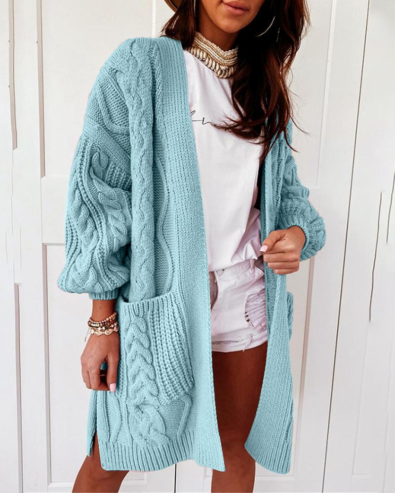 

Pocket Design Long Sleeve Cable Knit Cardigan, Green