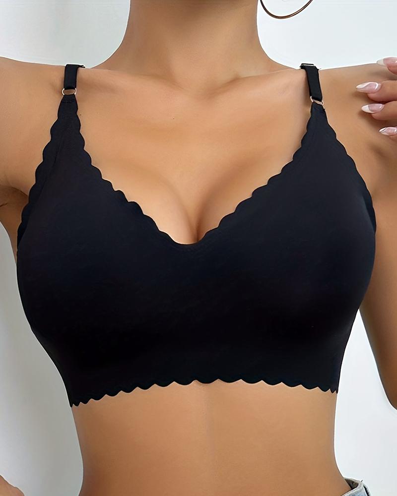 

Scallop Trim Wireless Bra Comfortable Seamless Intimates Bralette, Black