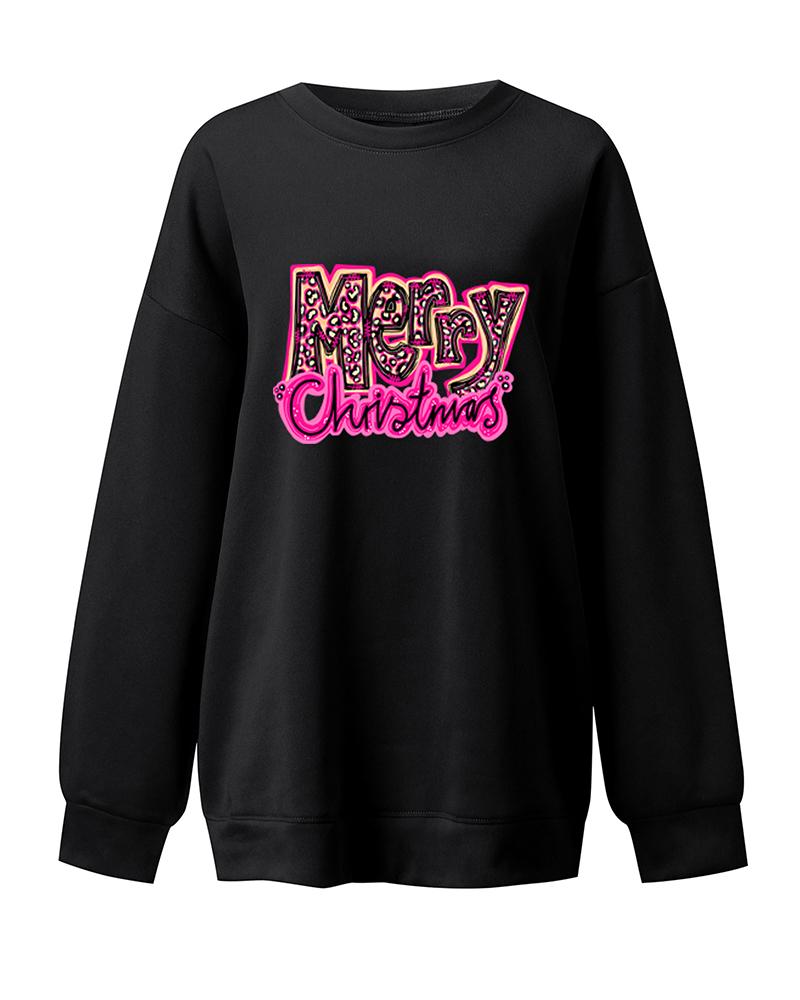 

Christmas Letter Print Long Sleeve Sweatshirt, Black