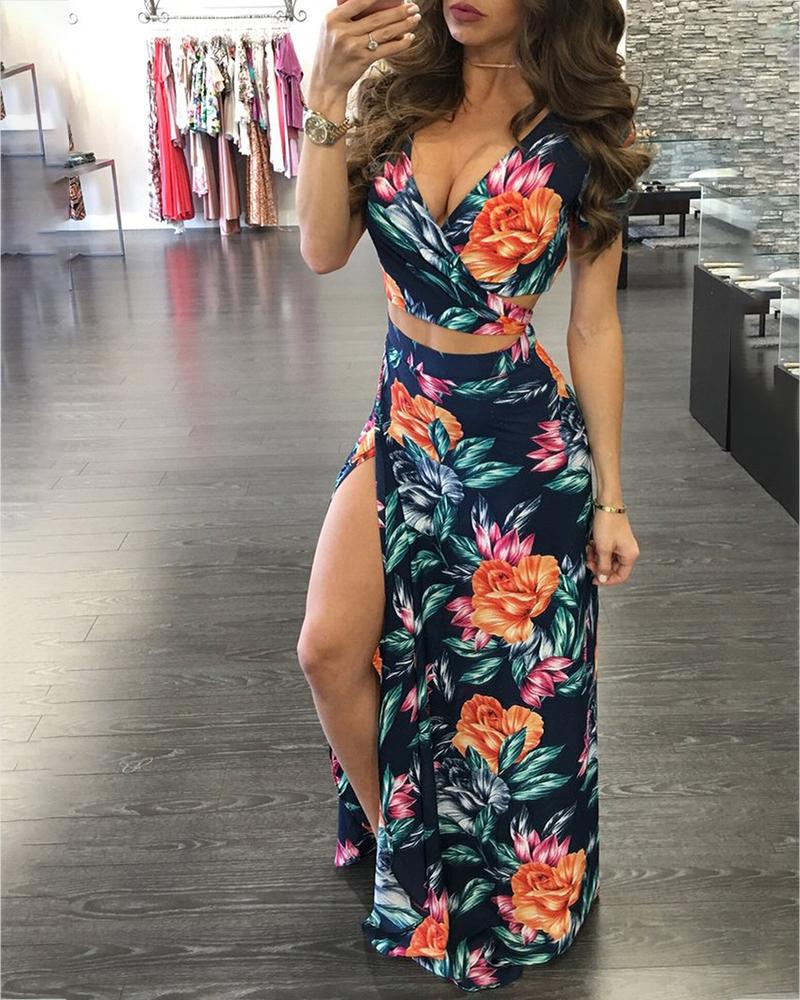 

2 Piece Set Floral High Slit Dress, Green