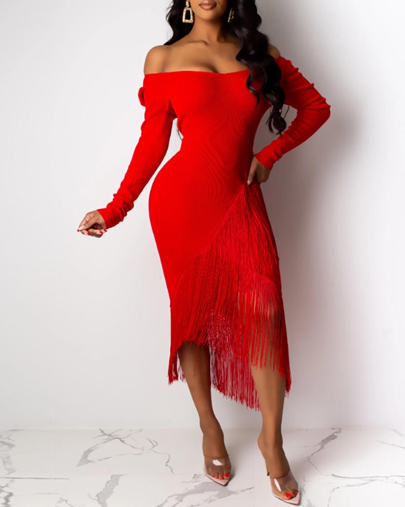 

Tassel Design Long Sleeve Dress, Red