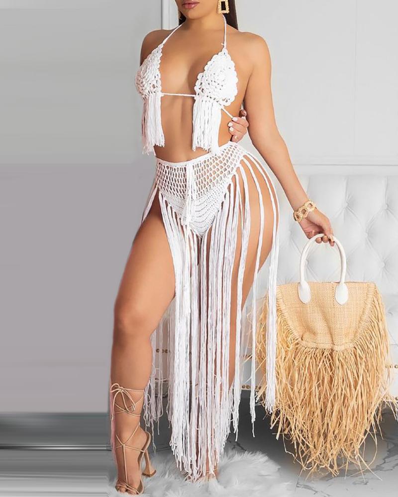 

Braided Tassel Design Cutout Crochet Cover Up Set, White