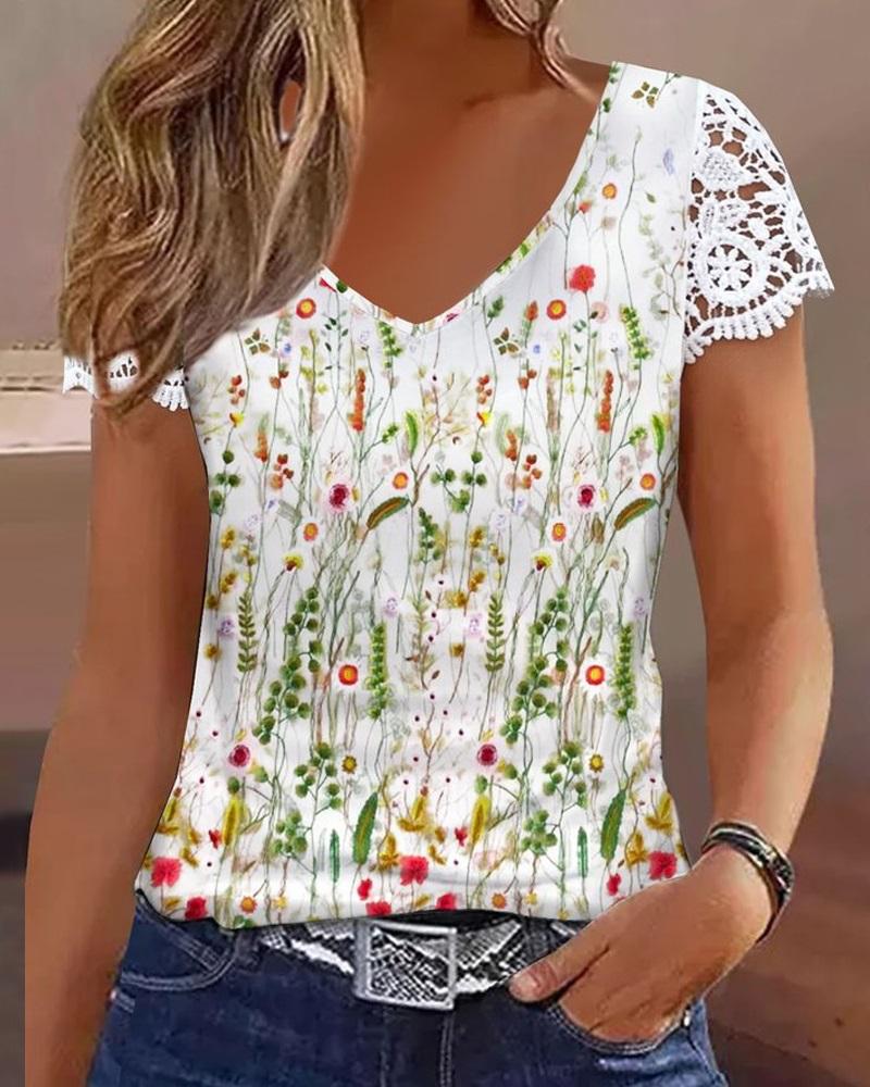 

Plants Print Lace Patch Cap Sleeve T-shirt, White