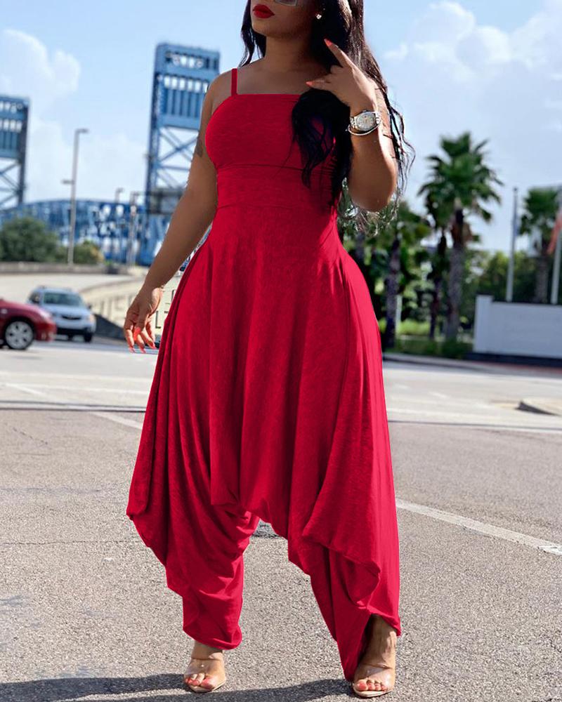 

Spaghetti Strap Plain Harem Jumpsuit, Red