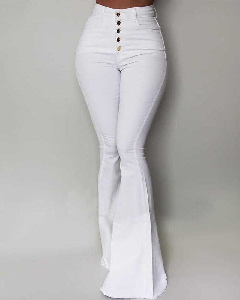 

Solid High Waist Slinky Bell-bottomed Pants, White