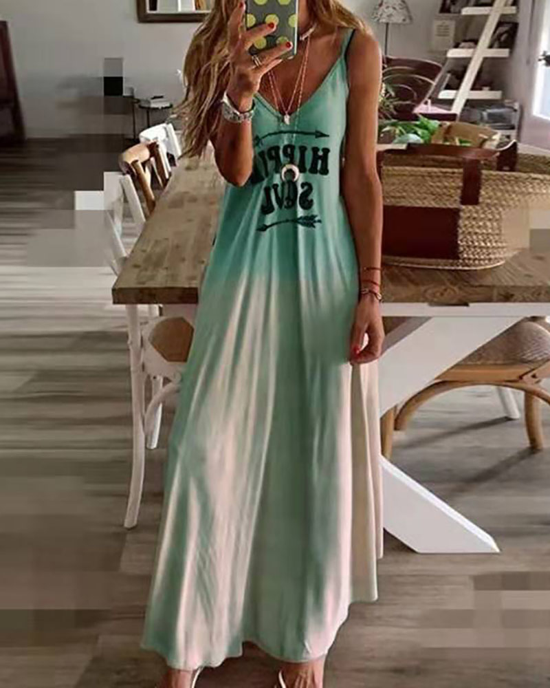 

Letter Print Colorblock V-Neck Maxi Dress, Green