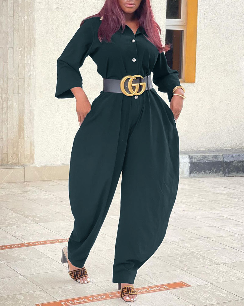

Long Sleeve Button Front Harem Jumpsuit, Green