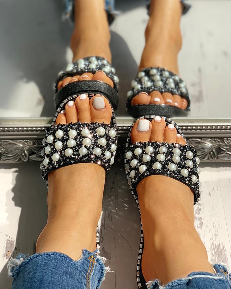 

Bead Studded Detail Flat Sandals, Black