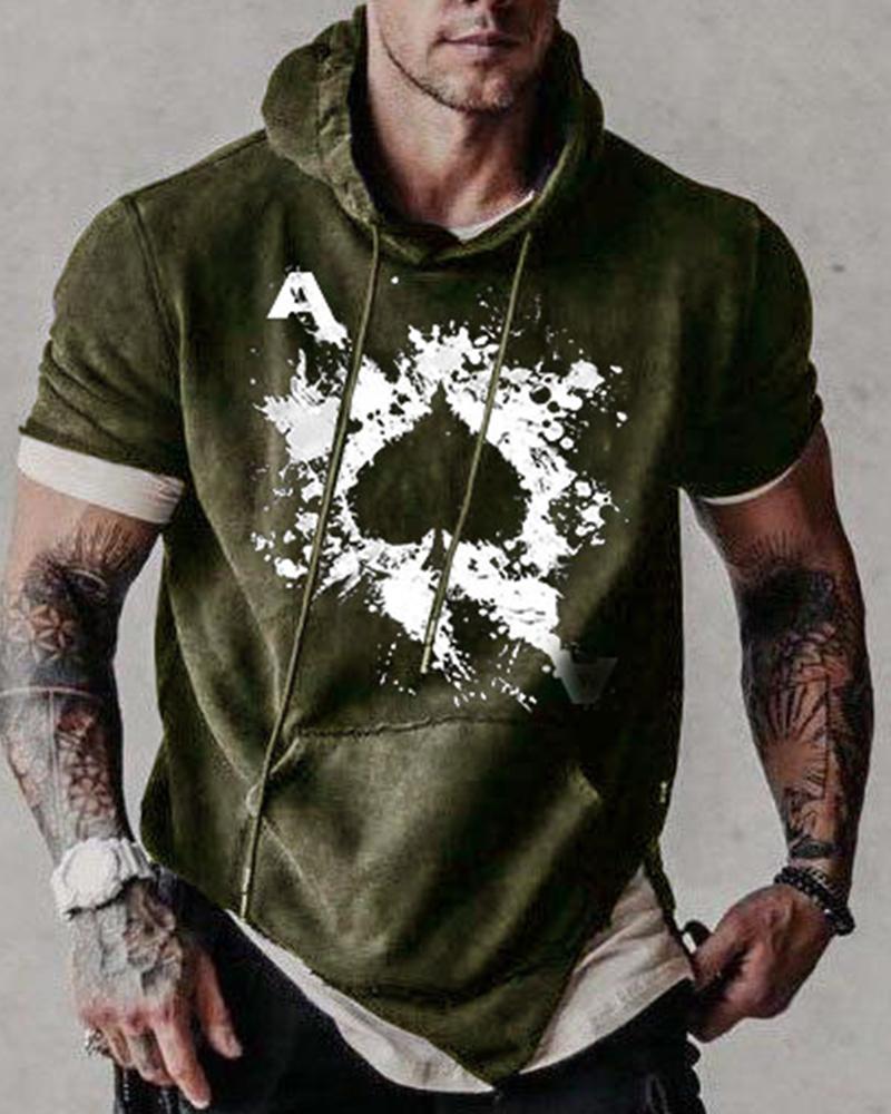 

Poker Print Short Sleeve Loose Hooded Sweatshirts, Green