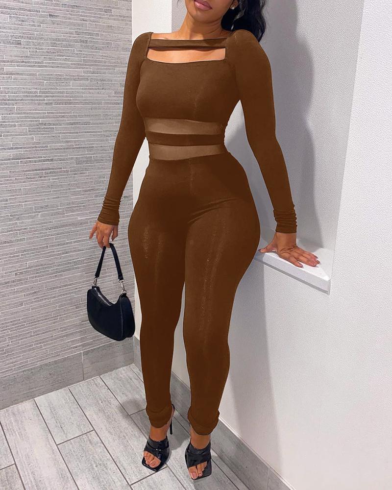 

Cutout Long Sleeve Sheer Mesh Jumpsuit, Brown