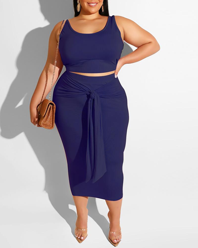 

Solid Thick Strap Top & Midi Skirt Set, Dark blue