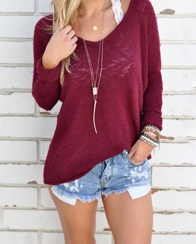 

Trendy Solid Scoop Neck Knitted Casual Top, Wine red