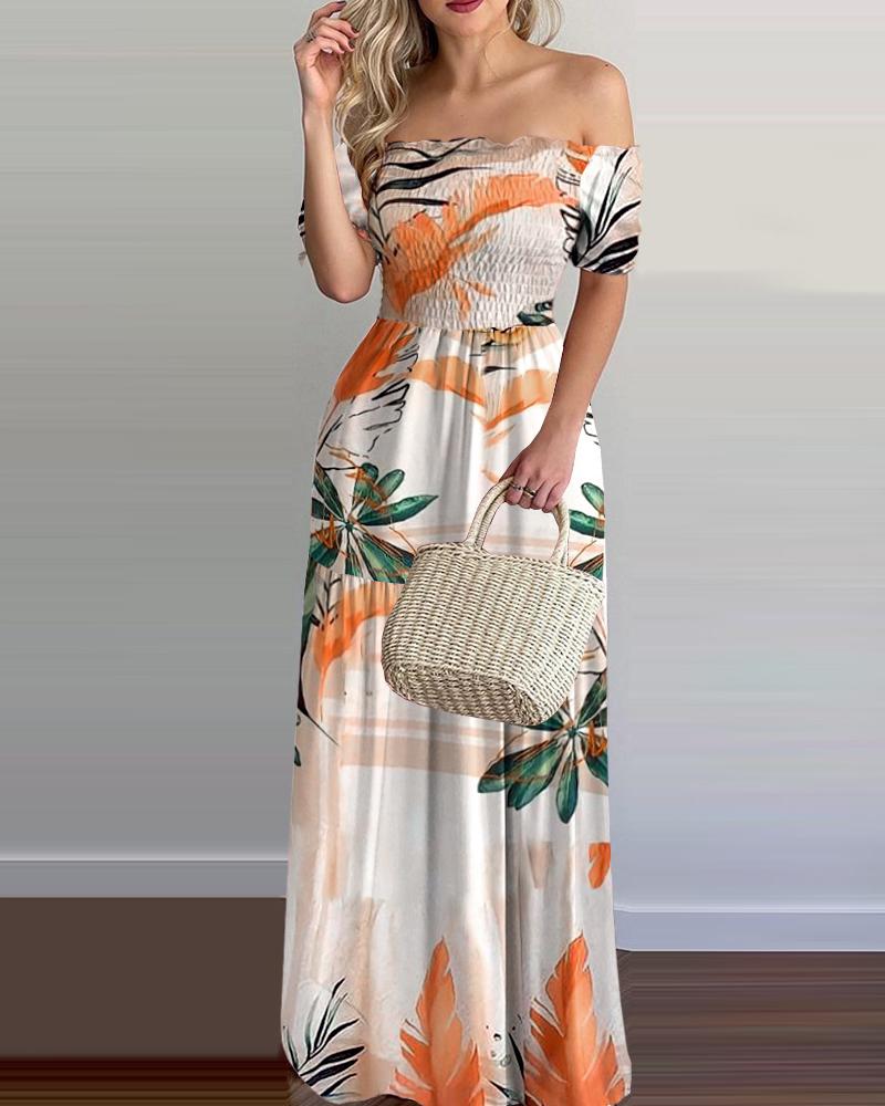 

Off Shoulder Tropical Print Shirred Maxi Dress, Multicolor