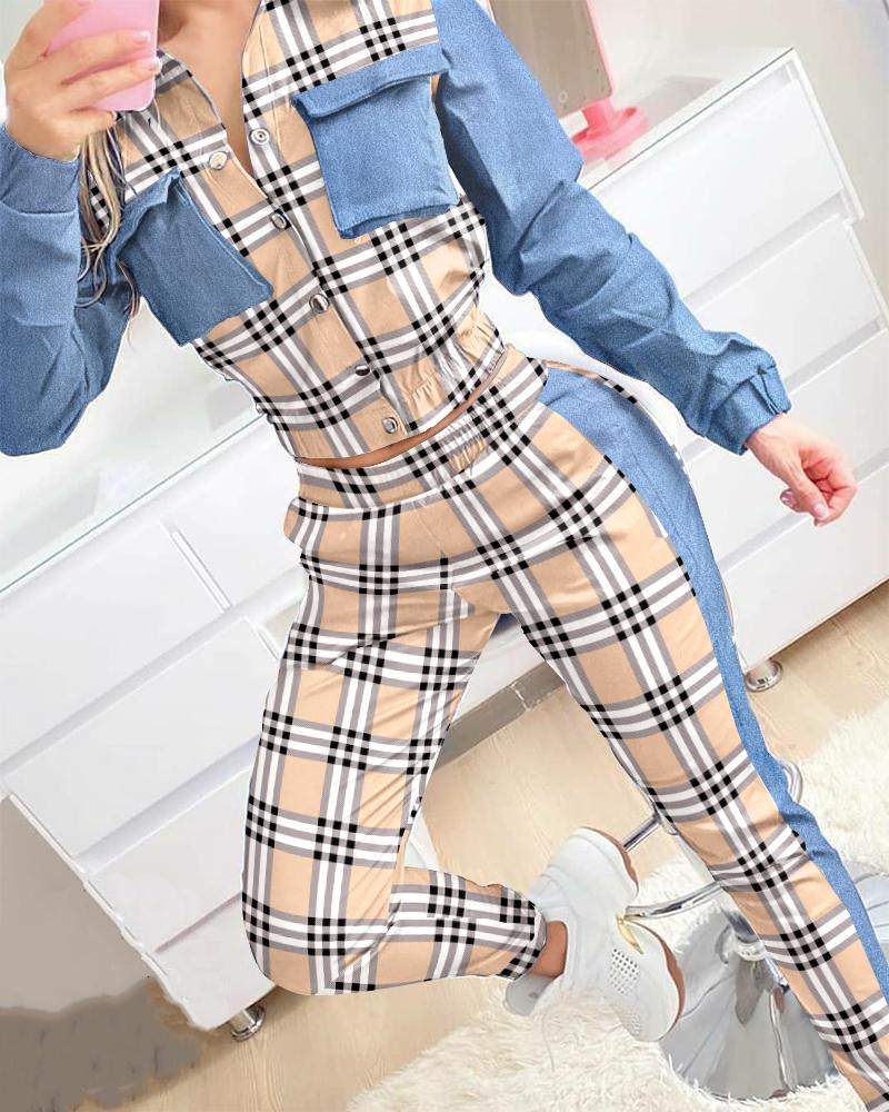 

Plaid Print Patchwork Buttoned Shirt & High Waist Pants Set, Khaki