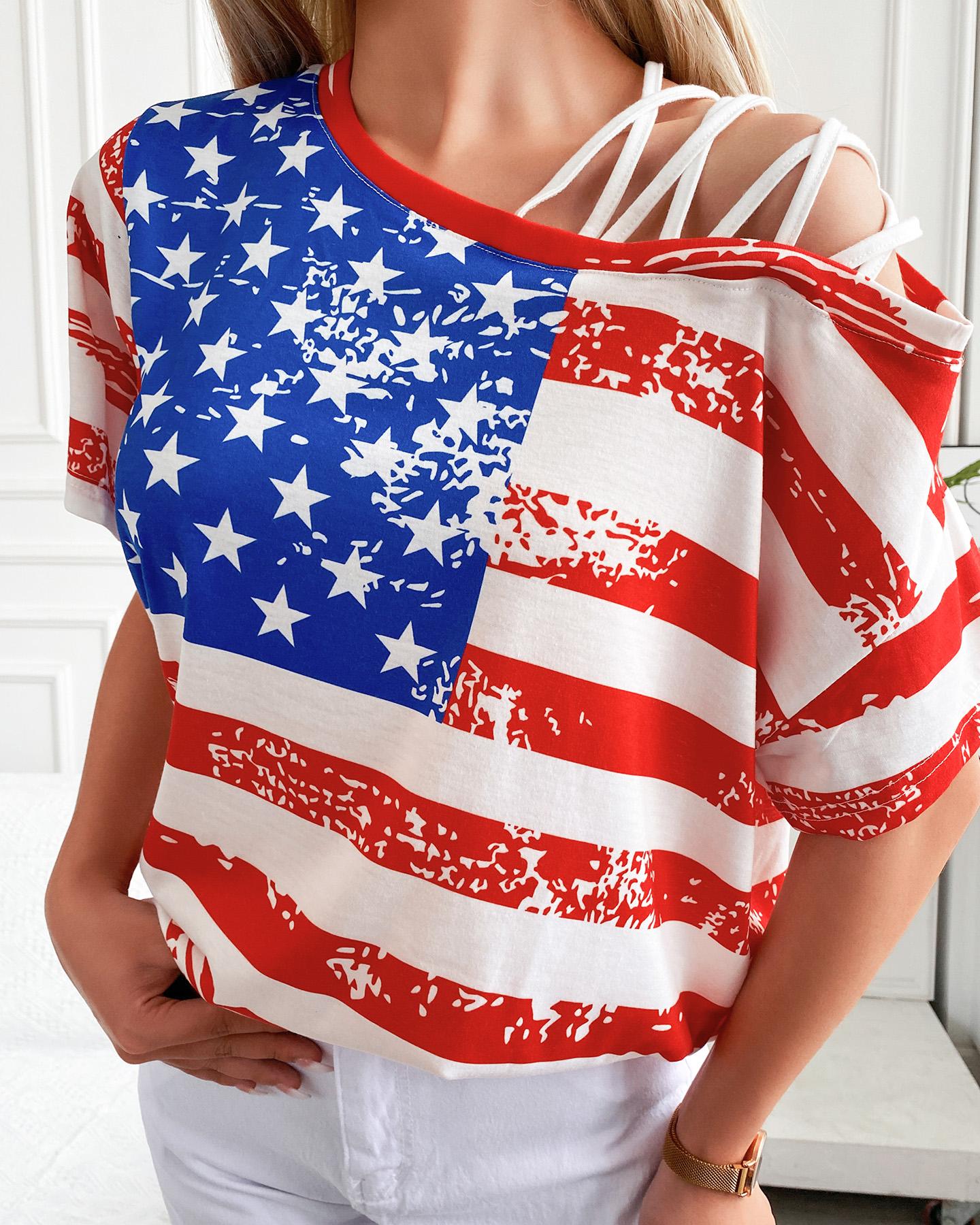 

Cold Shoulder Lace-up Flag Pattern Print T-shirt, White