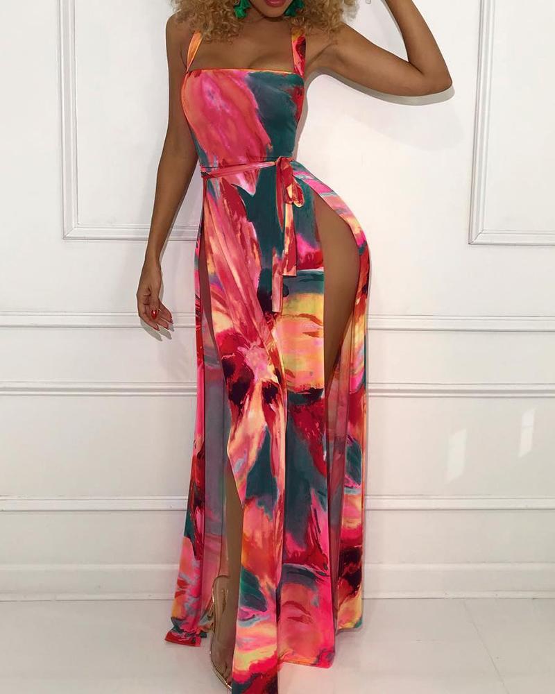 

Thick Strap Floral Print High Slit Maxi Dress, Red