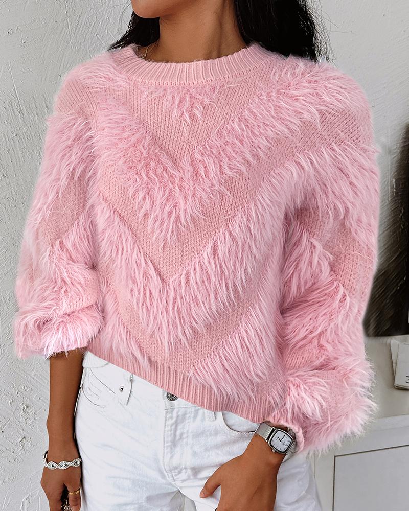 

Chevron Pattern Fluffy Tassel Design Sweater, Pink