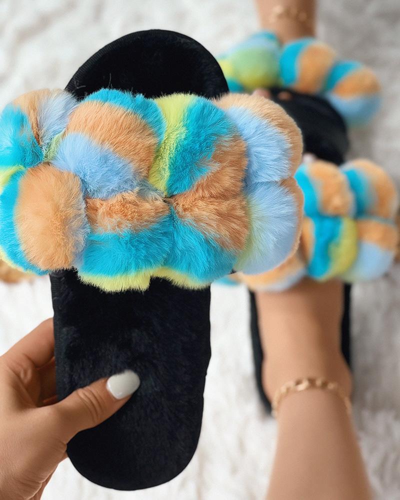 

Colorblock One Strap Fuzzy Slippers, Blue&orange